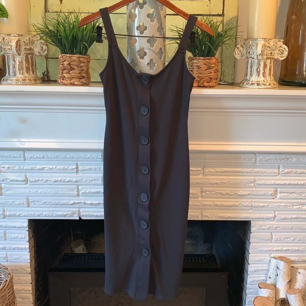Urban Outfitters Gray Ribbed Scoop Neck Button Down Bodycon Midi Dress XS